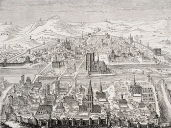 Faksimile af en kobberplade med perspektivisk udsigt over Paris i 1607